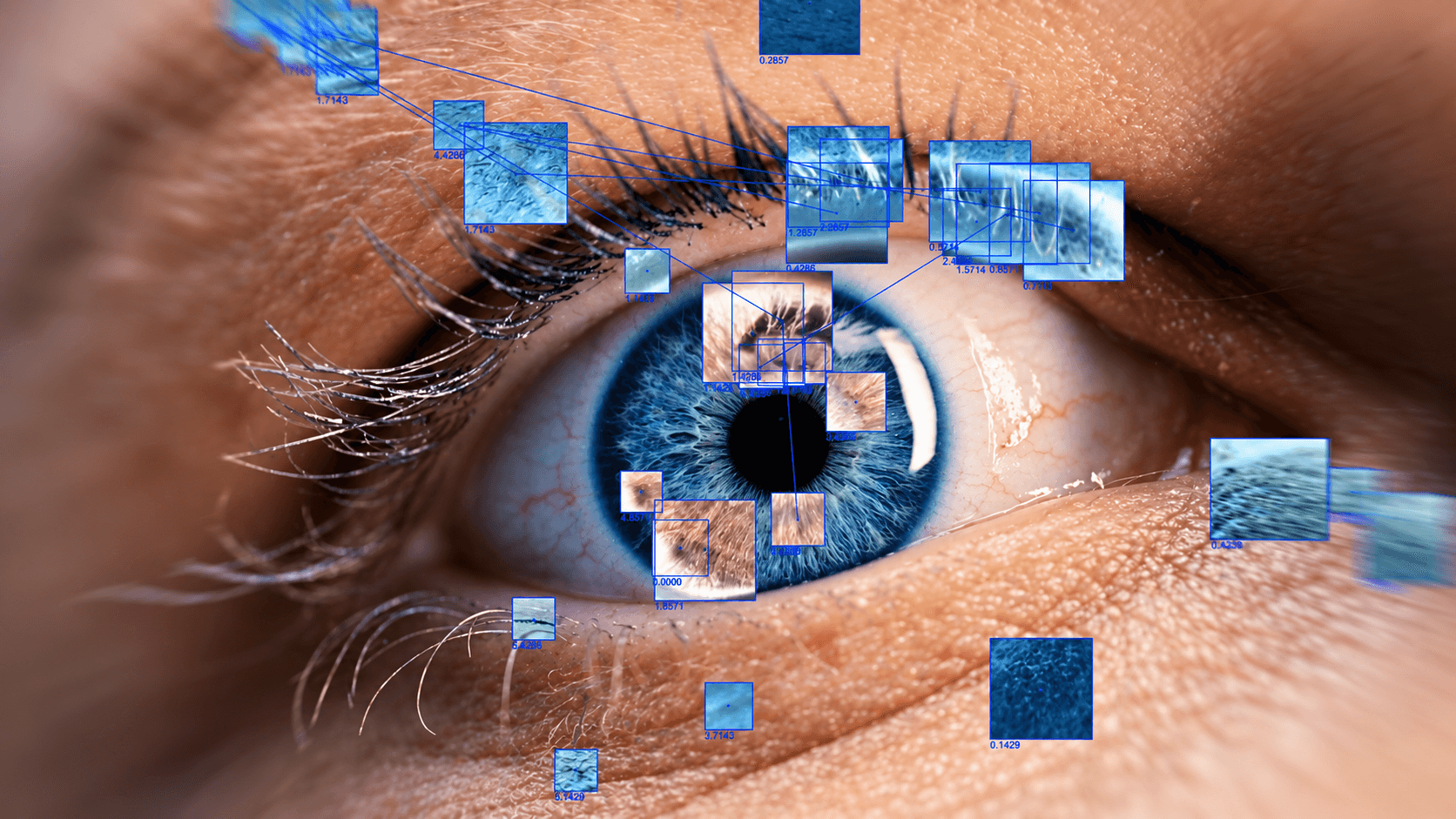 Close-up of a blue eye with computer vision overlays